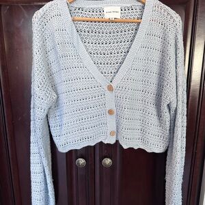 Pink Rose Gray Cardigan Sweater with V-Neck and Long Sleeves